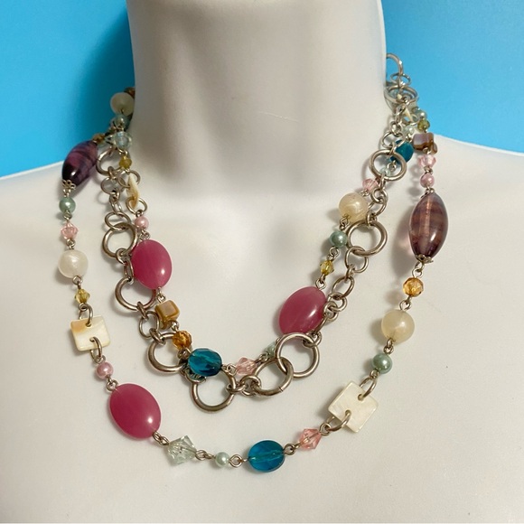 COOKIE LEE Acrylic Beads & Natural Seashells Long Necklace Silvertone - Picture 7 of 9